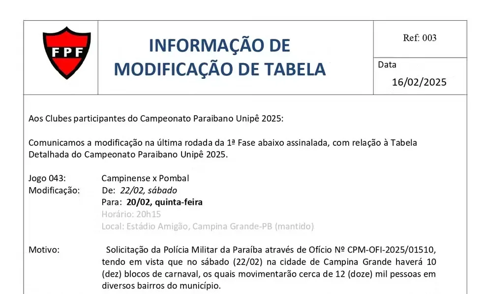 FPF-PB desmembra última rodada da fase de classificação do Paraibano; veja dia e locais dos jogos