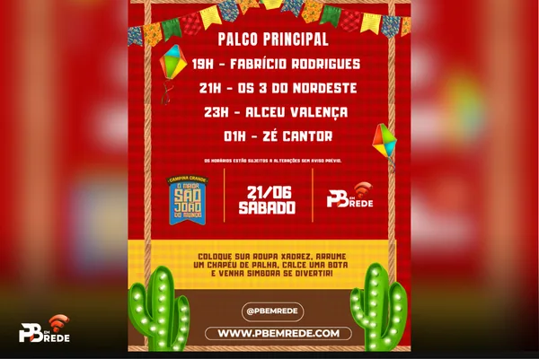 São João de Campina Grande – Programação do Parque do Povo | Sábado, 21 de Junho de 2025 <br>