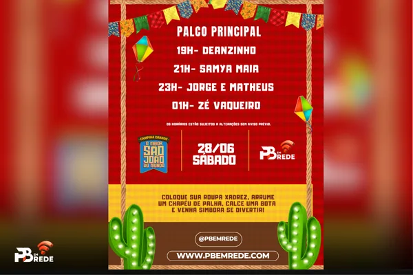 Programação do Parque do Povo — Sábado, 28 de Junho de 2025