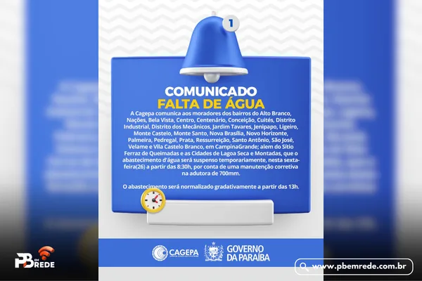 Falta D’Água em Campina Grande e Cidades Vizinhas Nesta Sexta (26) Afetará Diversos Bairros