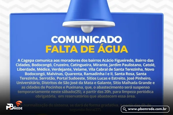 Falta D’Água: Cagepa Suspende Abastecimento em Diversos Bairros de Campina Grande, Distritos e Cidades do Agreste/Borborema Neste Sábado (25)