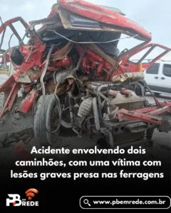 Acidente envolvendo dois caminhões, com uma vítima com lesões graves presa nas ferragens.