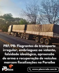 PRF/PB: Flagrantes de transporte irregular, embriaguez ao volante, falsidade ideológica, apreensão de arma e recuperação de veículos marcam fiscalizações na Paraíba