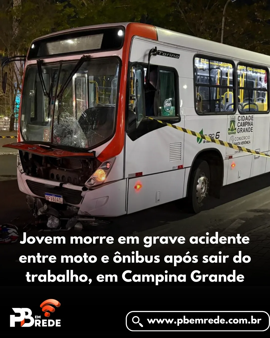 Jovem morre em grave acidente entre moto e ônibus após sair do trabalho, em Campina Grande